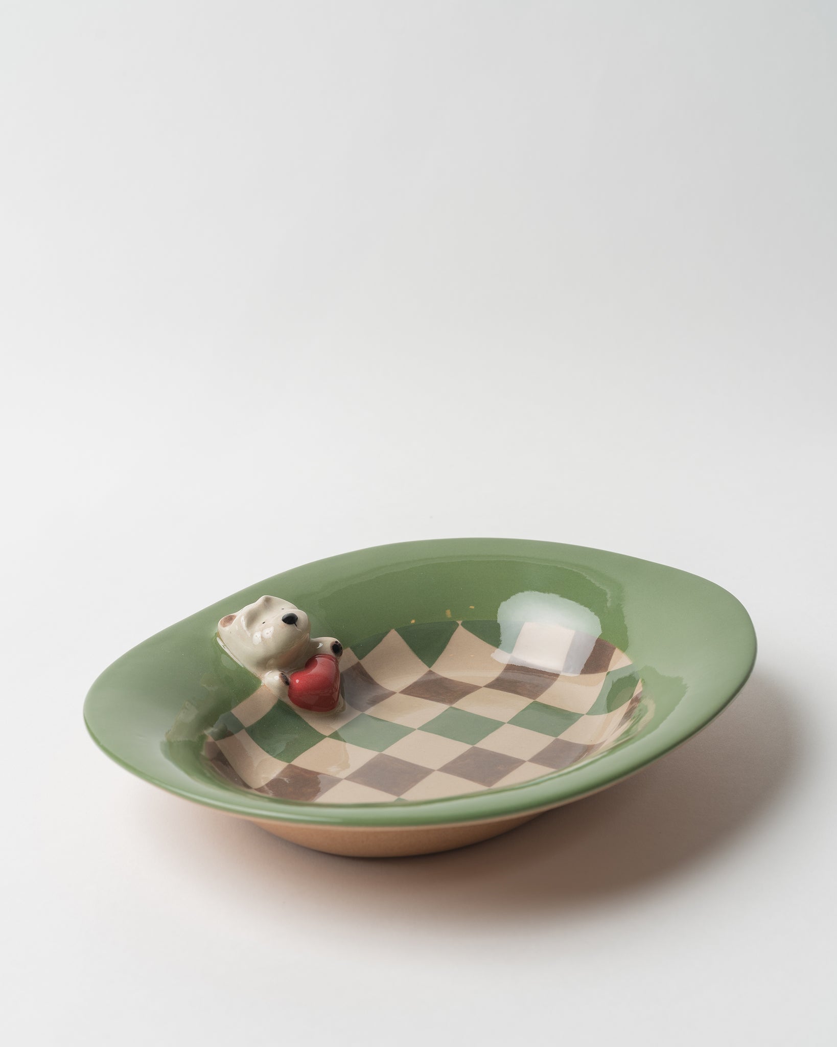 Green Grid Dog Figurine Oval Plate