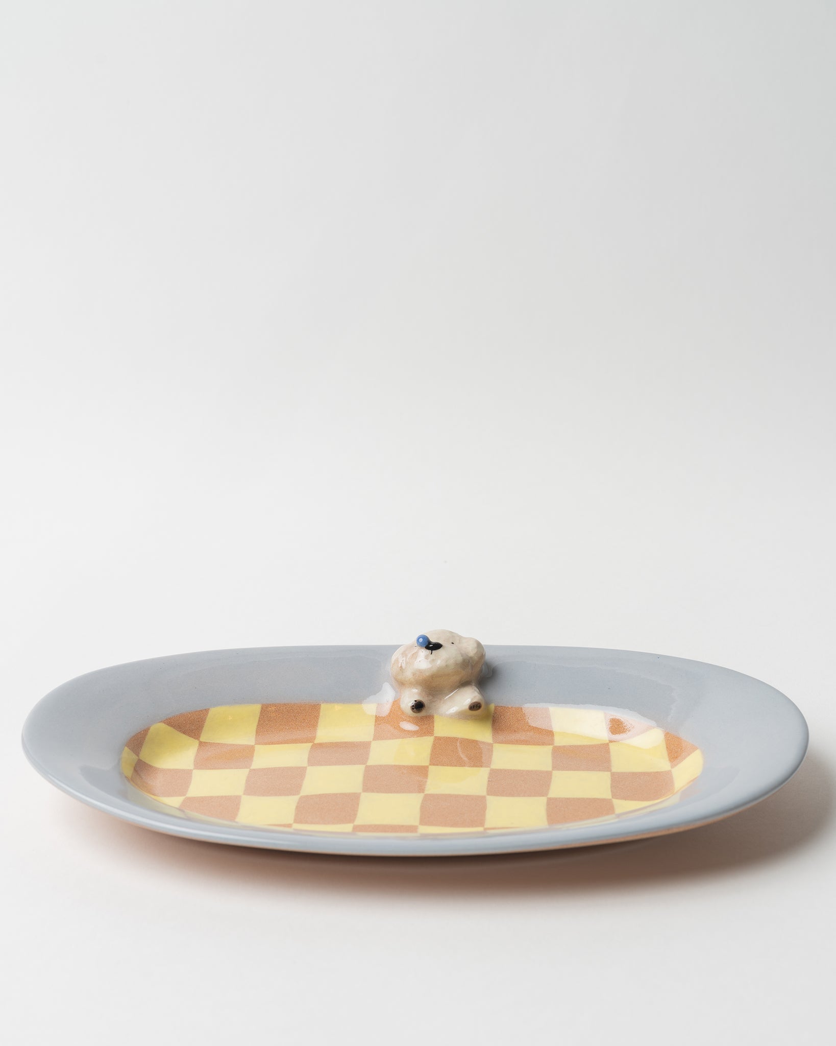 Yellow Grid Dog Figurine Oval Plate