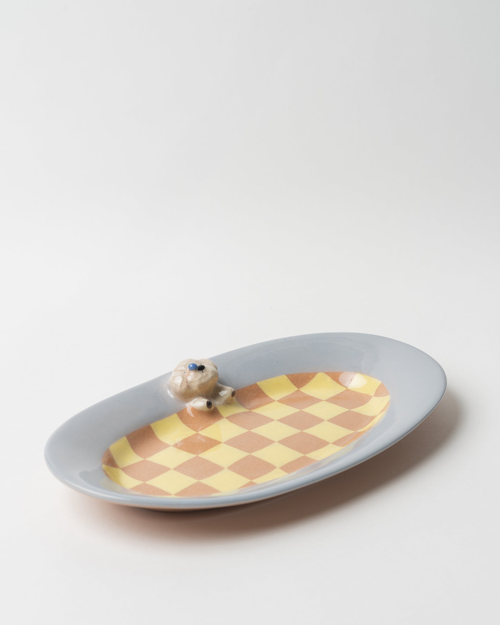 Yellow Grid Dog Figurine Oval Plate